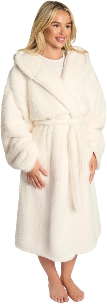 OHS Womens Dressing Gowns Teddy Fleece, Warm Cosy Fluffy Dressing Gown Bathrobes Women Hooded Luxury Oversized Ladies Mens Dressing Gown, One Size