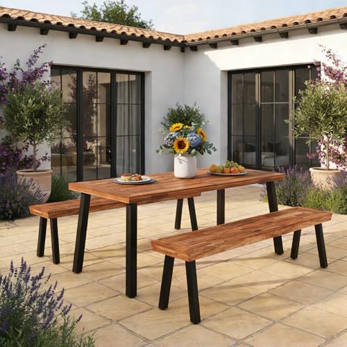 Image of Giantex Patio Dining Table with Umbrella Hole, Outdoor Picnic Table for Backyard, Garden, Lawn, Farmhouse, Acacia Wood Rectangular Table with Metal Legs, Rustic Brown