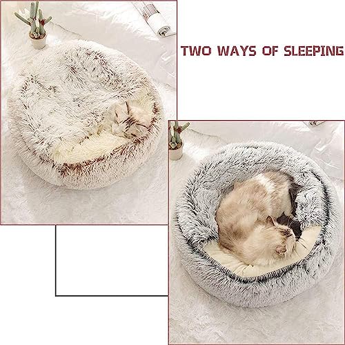 Fashionapple Flauschiges Katzenbett, rund, weiches Plüsch, Höhle mit Kapuze, Katzenbett, für den Winter, warm, Schlafkissen, rutschfest, maschinenwaschbar, für Katzen und Welpen-Kaffee, 60 cm