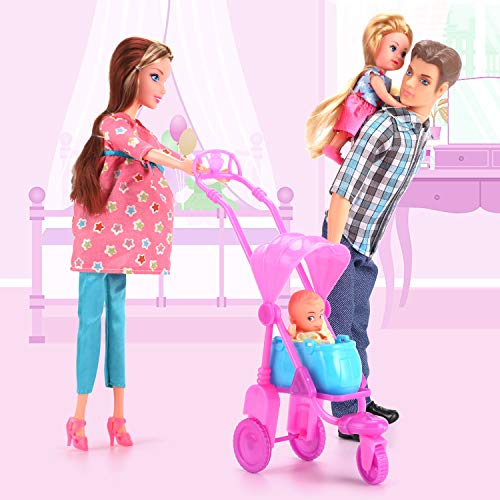 Liberty Imports Happy Family Welcome Baby 11.5-Inch Pregnant Doll Toy Husband & Wife With Daughter, Newborn, Stroller And Accessories Playset (22 Pieces) #TOP4