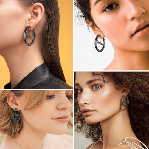 Image of Stainless Steel Chunky Hoop Earrings For Women, Minimalist and Chic, Black /Gold Plated, Round Hoops Earrings Hypoallergenic, Size: 30mm /40mm /60mm /80mm, Come with Box