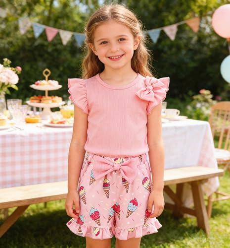 Image of Barlver Girls 2 Piece Short Set Baby Girl Summer Clothes Ruffle Sleeve T-Shirt and Bow Knot Shorts Toddler Girl Outfit Set