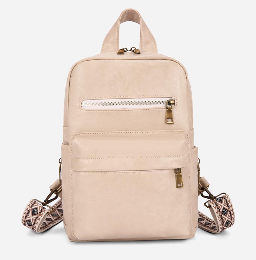 Sling Bag with 2 Guitar Strap for Women Vintage Multipurpose Chest Bag Pu Leather Crossbody Shoulder Daypack for Hiking (Beige)