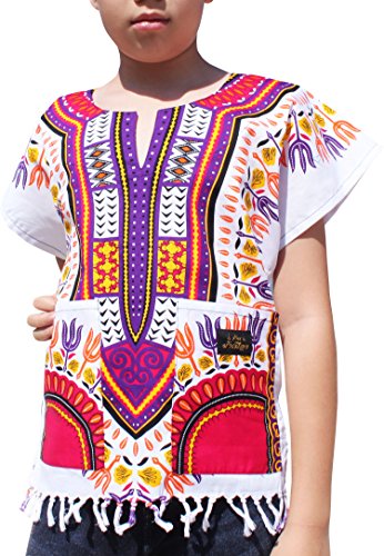 RaanPahMuang Branded Cotton Childs Dashiki Shirt Tassels and Pockets White Tone