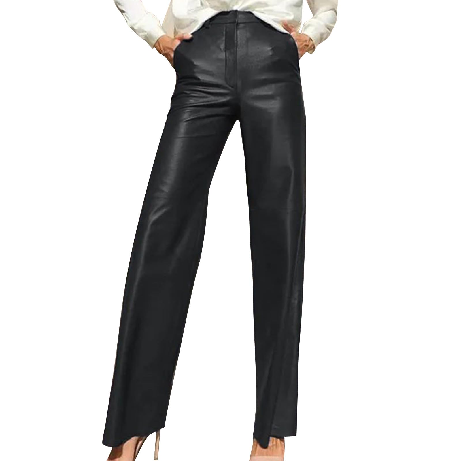Faux Leather Pants for Women Straight Wide Leg Vintage Leather Pants High Waisted Flare Motorcycle Pants with Pocket