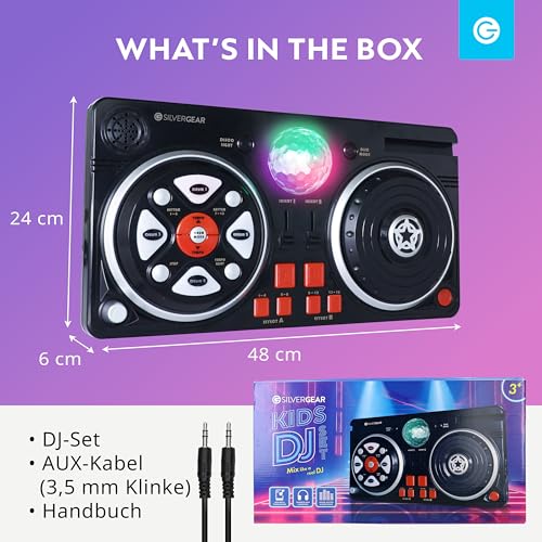 Silvergear® DJ-Set für Kinder | DJ Pult für Anfänger mit Discokugel | 46 Soundeffekte | AUX-Kabel für Eigene Musik | Tragbares DJ Equipment | Batteriebetrieben | 39.3 x20.5x6.4 cm | Schw