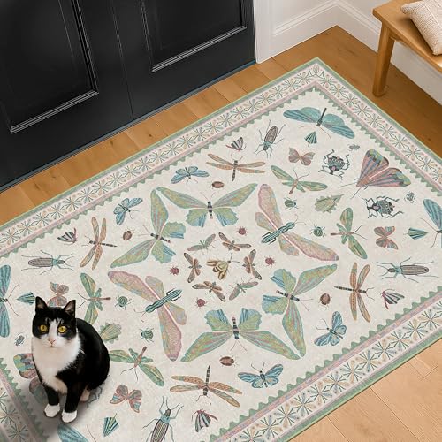 Image of Washable Sage Green Large Entryway Rug, 3x5 Area Rugs for Laundry Room, Kitchen, Bedroom, Dorm, Insect Print Vintage Floral Non-Slip Throw Rug Low Pile Stain Resistance