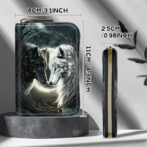 Image of Cute Credit Card Holder with Zipper, White Black Wolf RFID-Blocking Card Case Small Wallet for Women Men, Multi-slot Card Organizer Case Travel Accordion Wallet