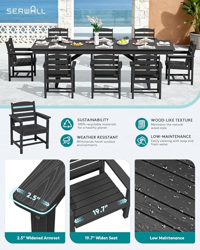 Image of SERWALL 9 Piece 84 inch HDPE Outdoor Dining Set for 8 with Armchairs and Umbrella Hole, Black