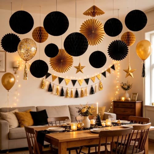 Image of ZOOYOO 12Pcs 6 inch 10 inch Honeycomb Balls Decorations Hanging Tissue Paper Pom Poms for Graduation,Anniversary,New Year,Farewell,Retirement,Birthday Party Decorations(Black Gold)