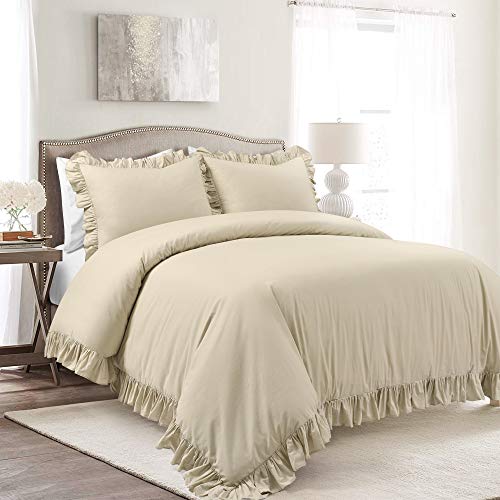 Image of Lush Decor Reyna Ruffle Cotton Duvet Cover Set 3 Piece Set Full / Queen, Wheat - Queen Size Bedding Set - Beige Duvet Queen- Ruffled Bedding - Coquette Decor