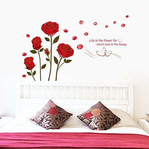 Miniatura 2 de Pegatinas románticas de pared de flores de rosa rojas letras de ratán rosa pétalos de rosa decoración de pared de bricolaje mural de familia niñas