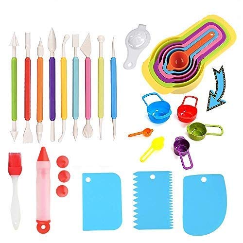 24Pcs Kitchen Art Craft Essentials- Measuring Cups and Spoons Set, Egg Yoke Separator, Nail Art Carving tool, Cake Scraper Smoother Dough Cutter, Silicone Food Writing Pen, Silicone Oil Brush