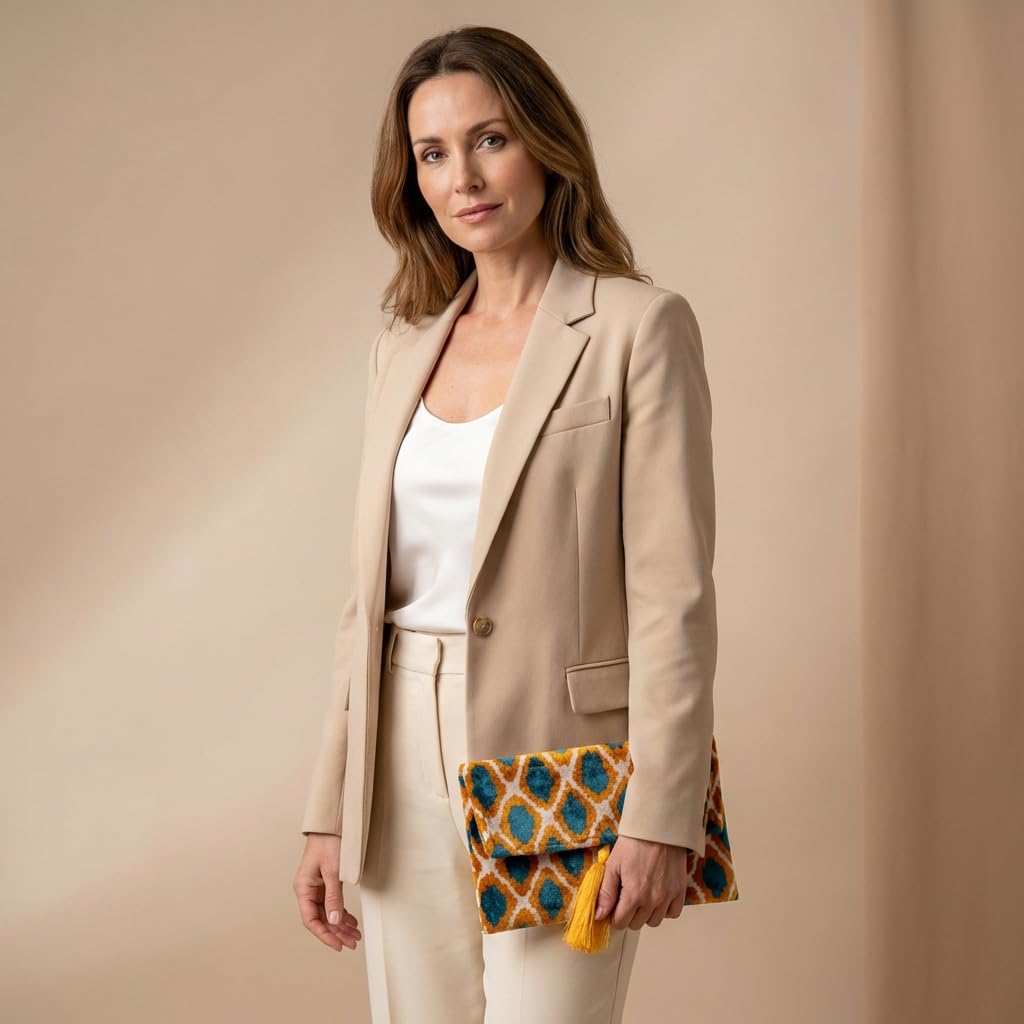 Pochette Ikat in velluto di seta fatta a mano, stile busta, design bohémien, motivo etnico, opzione cinturino a catena, pochette per feste serali, borsa premium, bianco sporco, turchese, oro