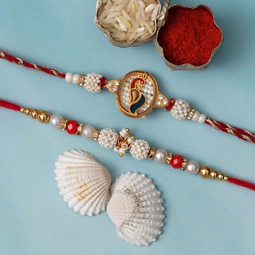 Image of eCraftIndia Set of 2 Yellow, White & Maroon Designer Diamond Rakhis with Roli Chawal Pack
