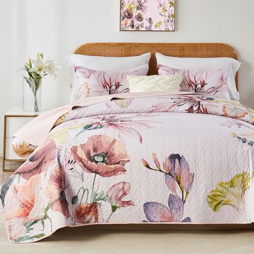Yogeneg King Size Quilt Set, Elegant Floral Botanical Pattern Pink Bedding Set,3 Piece Lightweight Soft Summer Bedspread Coverlet with 2 PIillow Sham for All Season(Blush Floral,110