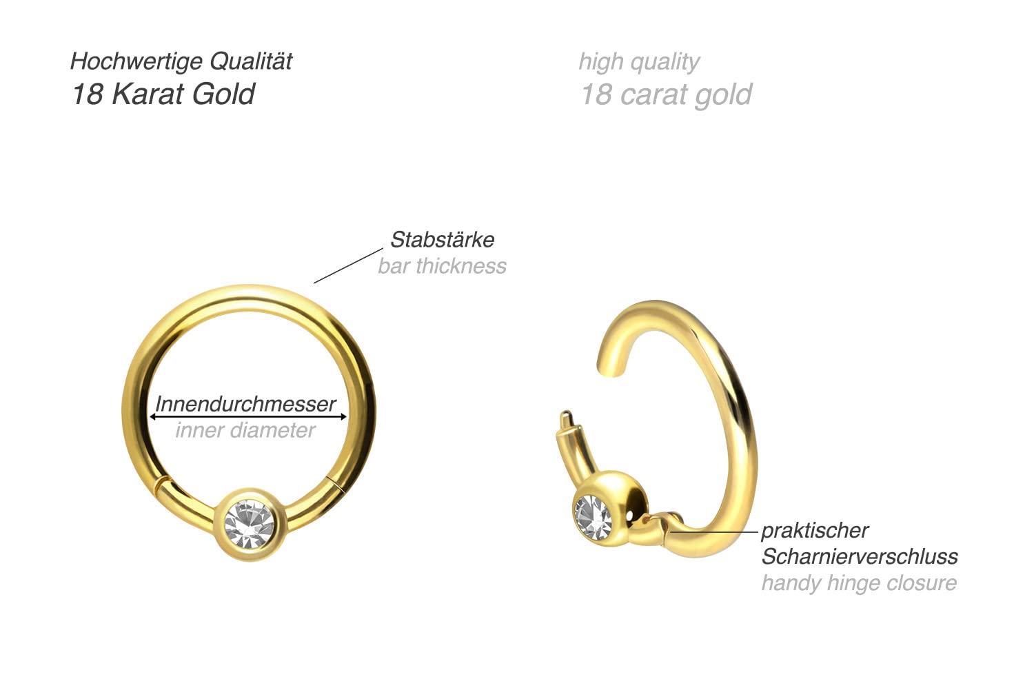 PIERCINGLINE 750er Gold Segmentring Clicker | 18 KARAT | KRISTALL | Piercing Ring Septum Helix Tragus | Farb & Größenauswahl