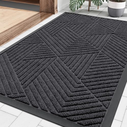 Image of Smiry Front Door Mat Outside Entrance, Heavy Duty Sturdy Natural Rubber Doormat, Trap Dirt and Moisture, Easy Clean Low Profile Mats for Indoor Outdoor Entry, Irregular Triangle (29.5x17, Medium Grey)