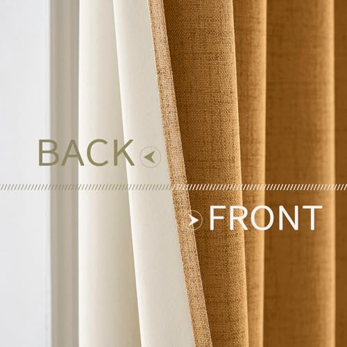 Image of MIULEE 100% Blackout Linen Textured Curtains for Bedroom Solid Thermal Insulated Mustard Yellow Grommet Room Darkening Curtains & Drapes Luxury Decor for Living Room 52 x 90 Inch (2 Panels)