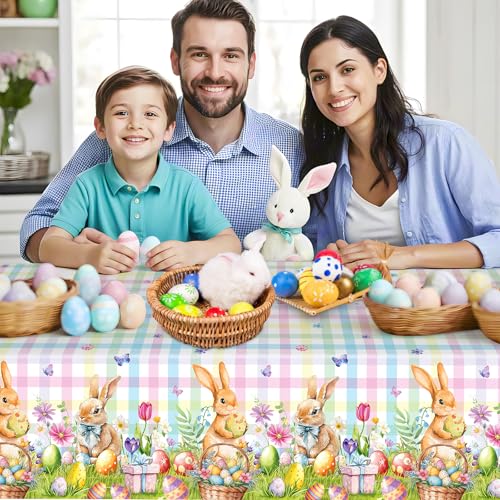 2-Pcs-Easter-Bunny-Tablecloth-Easter-Plastic-Buffalo-Plaid-Tablecloth-Spring-Flower-Cute-Rabbit-Colorful-Eggs-Rectangle-Table-Cover-for-Table-Decorations-Party-Decor-Supplies-Favors-108-x-54-Inch 2 Pcs Easter Bunny Tablecloth Easter Plastic Buffalo Plaid Tablecloth Spring Flower Cute Rabbit Colorful Eggs Rectangle Table Cover for Table Decorations Party Decor Supplies Favors 108 x 54 Inch