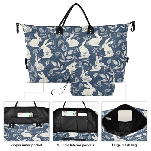 Duffel Bag Old Slow Style Bunny Denim Dark Blue Travel Overnight Carry on Bag with Adjustable Strap for Trekking 2 Pcs Set bolsos para viajar2