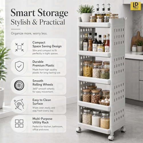 Image of LEOPAX 5 Tier Multi-Purpose Storage Rack Stackable Shelf Utility Rolling Stand Rack | Storage Organizer Racks with Wheels for Kitchen Laundry Room Bathroom Office Home - Grey (28 x 33 x 94cm)