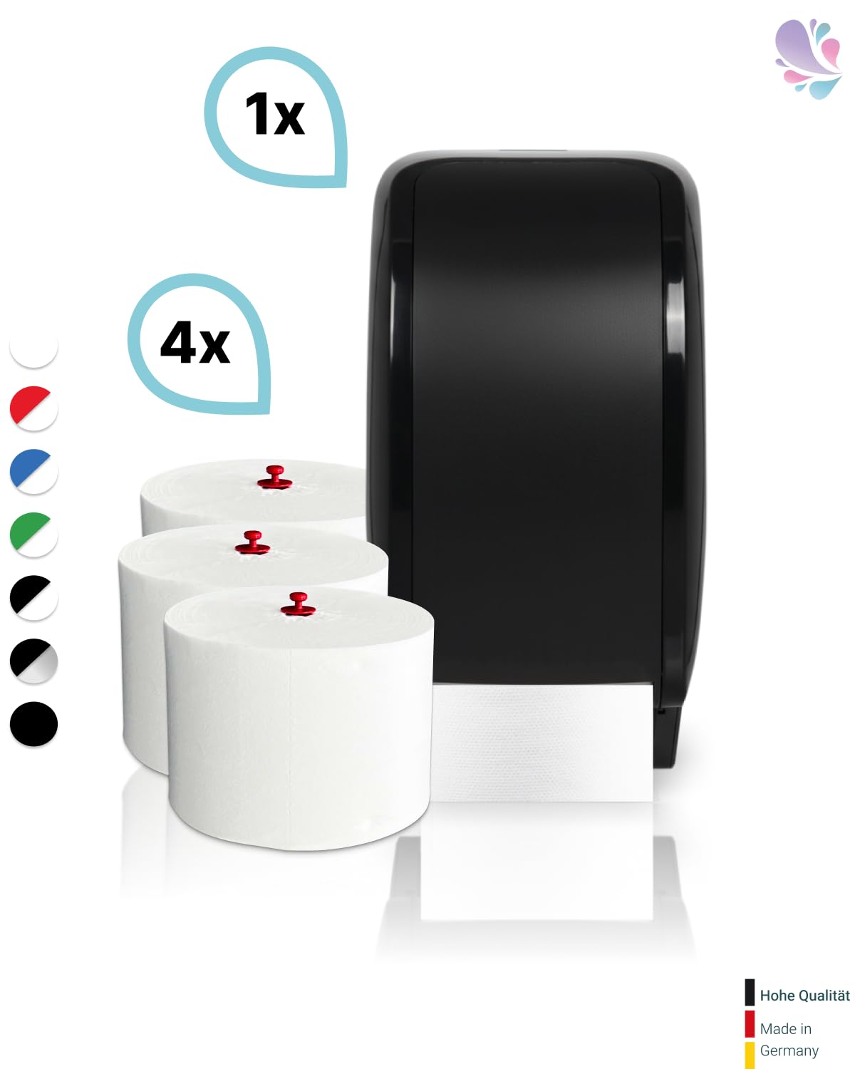 Set Cosmos Doppelrollenspender+360 m Toilettenpapier Schwarz | 360 m Long-Life Toilettenpapier, 3-lagig, entspricht ca. 26 Haushaltsrollen