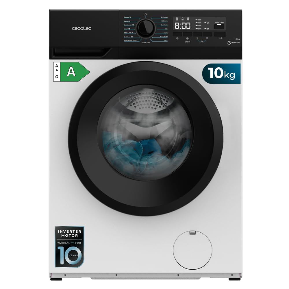 Cecotec Lavadora 10Kg de Carga Frontal Bolero DressCode 10300 Inverter A 2000W, 1400 rpm Máximas Regulables, 15 Programas, Bajo Consumo, Vapor SteamMax, Limipieza Automática del Tambor Etiqueta Energética