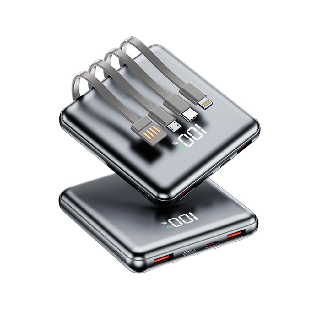 Power Bank 20000mAh con Cavi Multi-Integrati, Ricarica Rapida PD 22.5W, Fino a 6 Dispositivi Contemporaneamente, Compatta e Leggera（Grigio）