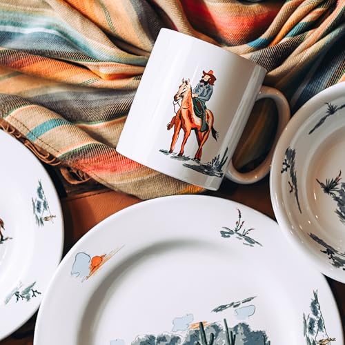 Image of Paseo Road Ranch Life 16 Piece Ceramic Dinnerware Set with Plates, Bowls, Coffee Mugs, Duffle Bag, Cow Longhorn Horse Cowboy Pattern, Southwestern Rustic Cabin Lodge Style