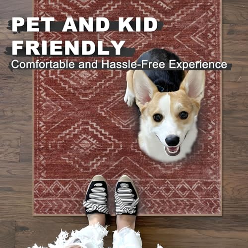 KILOCOCO Boho Kitchen Runner Rug 2x6 Washable Runner Rug, Soft Runners for Hallways Non Slip Printed Distressed Laundry Room Rug, Low-Pile Rug for Entryway/Bedroom/Living Room, Burnt Orange/Red