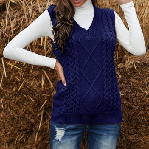 Image of Women's Sweater Vest,Long Cable Loose Knitted Sleeveless V Neck Casual Sweaters Tank Top S~XL