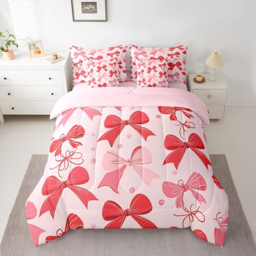 Image of Red Bow Tie 7-Piece Comforter Set Full Bed in a Bag | Pink Bow Bedding Sets Dreamy Princess Style Bowknot Comforter and Sheet Set, Cute Ribbon Bowknot Room Decor