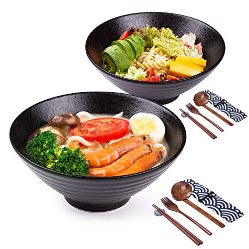 Ceramic Ramen Bowl Sets 2×32oz14 Piece Japanese Large Noodle Soup Bowls with Spoons and Chopsticks for Udon Pho Salad Cereal and Pasta Microwavable Serving Bowl