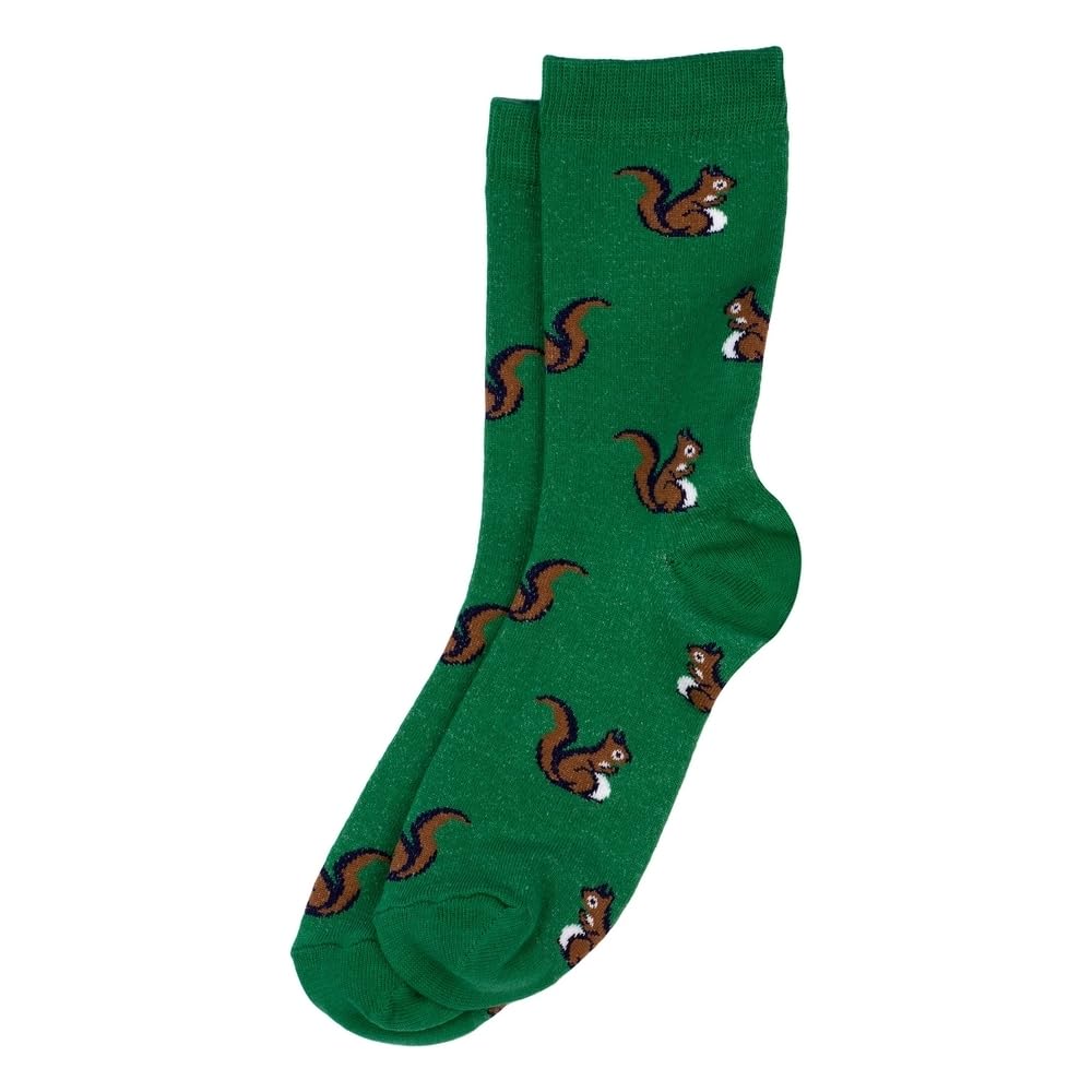 JOE COOL Squirrel Socks – Novelty Woodland Animal Crew Socks for Women & Young Men – Breathable Cotton Polyester Blend, One Size (UK 4-7), Whimsical Forest Nature Patterned Socks - Green/Brown