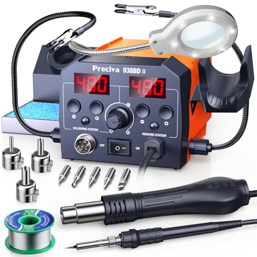 Preciva Station de Soudage 2-en-1 avec Air Chaud et Fer à Souder, Lampe LED Grossissante 5×, Bras de Maintien, Mode Veille, Kit Complet pour Réparation de...