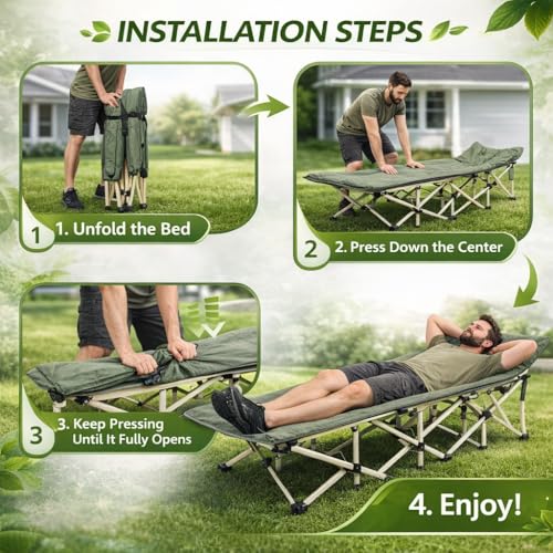 Image of 6FT Portable Folding Bed Single for Sleeping Outdoor Single Cot Foldable for Travelling Sleeping Bed for Adults Outdoor Camping with Side Pocket and Carry Bag Upto 150KG (Green, 188x66X40CM)