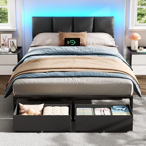 Image of Furnulem Full Size Bed Frame with Charging Station and LED Lights, PU Leather Upholstered Headboard, Metal Platform Bed with 2 Fabric Storage Drawers, Noise Free, No Box Spring Needed, Black