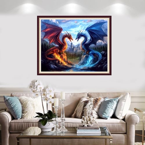 Image of Foxnyart Stamped Cross Stitch Kits Full Range of Embroidery Needlework Starter Kits for Beginners Adults 11CT Embroidery Patterns Art Crafts DIY Needlepoint Kit-Water Fire Dragon Castle 16x20 inchs