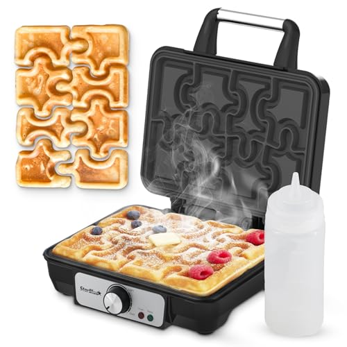Image of Puzzle Waffle Maker by StarBlue – Fun Playful Puzzle-Shaped Waffles | Includes Squeeze Bottle for Easy Filling | Non-Stick & Cool-Touch Design | Great for Kids, Parties & Gifting | 120V 60Hz 1080W