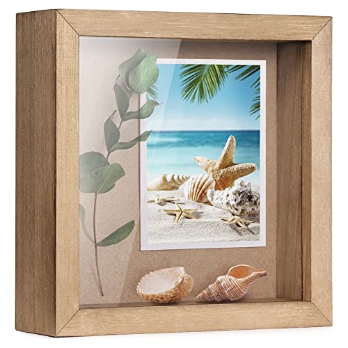 TJ.MOREE Small Shadow Box Frame 5 x 5 Shadowbox Display Case Wooden Picture Frame with Glass Wedding Memorabilia Medals Photos for Wall and Tabletop - Wood