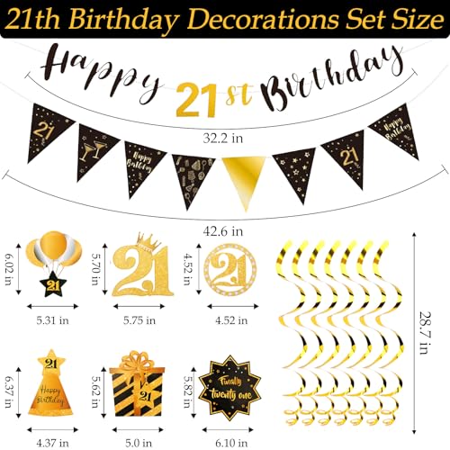 Image of Black Gold 21st Birthday Decorations for Him Happy 21st Banner and Swirls, Pre-Strung Party Supplies for 21 Year Old Party Decorations