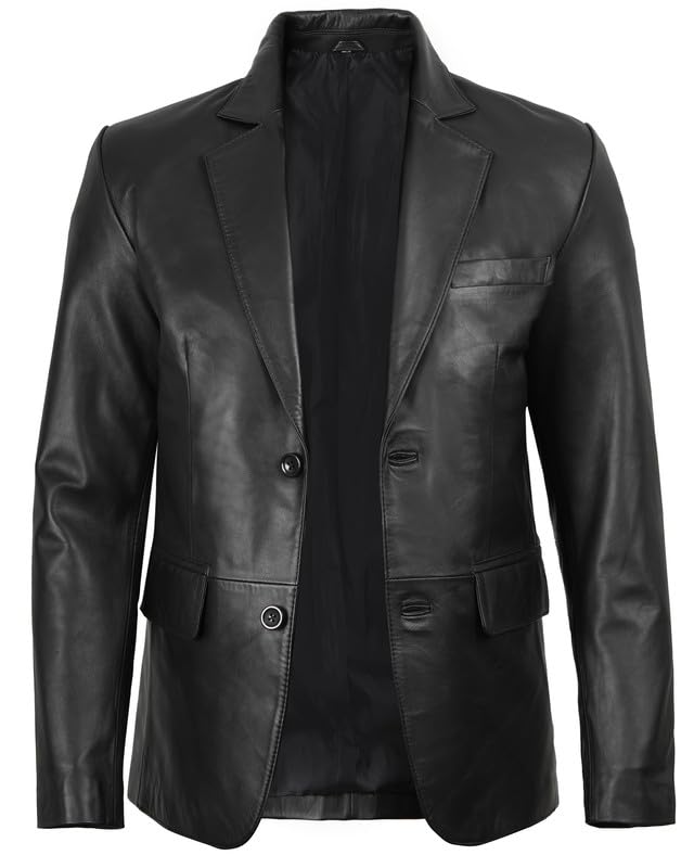 Image of Blingsoul Mens Leather Blazer - Casual Leather Sport Coat with Notch Lapel, Real Lambskin Leather Jacket for Men