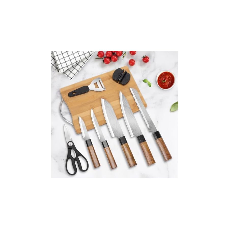 RedCall-Knife-Set9-Piece-Kitchen-Knife-Block-SetHigh-Carbon-Stainless-Steel-Ultra-Sharp-Knife-Set-with-Block-for-KitchenChef-Knife-Bread-Knife-Scissor-Sharpener-with-Universal-Knife-Block-Holder RedCall Knife Set,9 Piece Kitchen Knife Block Set,High Carbon Stainless Steel Ultra Sharp Knife Set with Block for Kitchen,Chef Knife, Bread Knife, Scissor, Sharpener with Universal Knife Block Holder