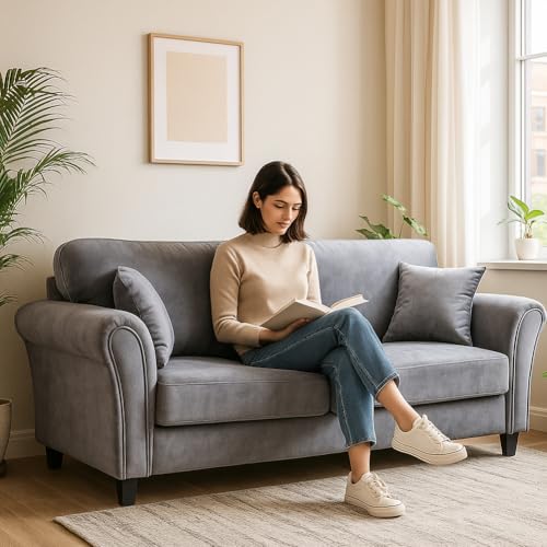 BAKAJI Divano Roma 3 Posti in Tessuto Microfibra Velluto Design Moderno Imbottito con Schiuma ad Alta Densità Struttura in Legno Piedini in Metallo Cromato Dimensione 212 x 75 x 87 cm (Grigio)