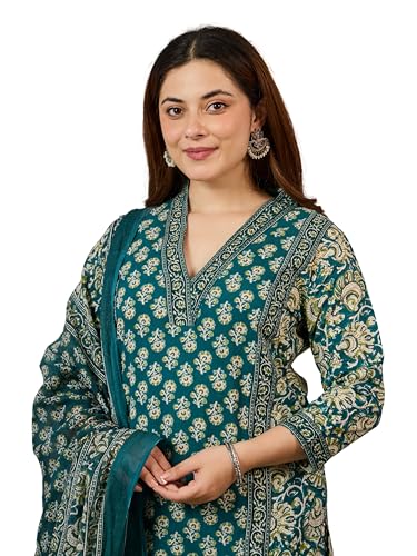 Image of Arayna Women's Cotton Printed Kurta Set with Pants & Dupatta | Elegant Ethnic Wear for Women | Floral Print | Comfortable Suit Set