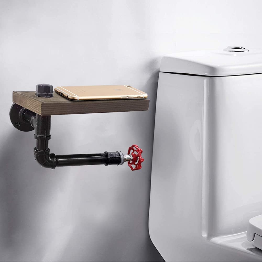 LYGSWDB Portarrollos de Papel higiénico Tubo Industrial Estante de Madera montado en la Pared Soporte de Papel de Seda rústico Rollo de baño Material de Hierro Fundido Vintage Negro