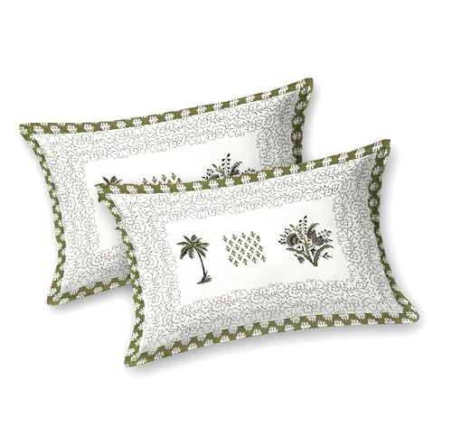 Image of BLOCKS OF INDIA Hand Block Printed 300 TC Cotton Super King Size Bedsheet(106 x 106) (Tree Green)
