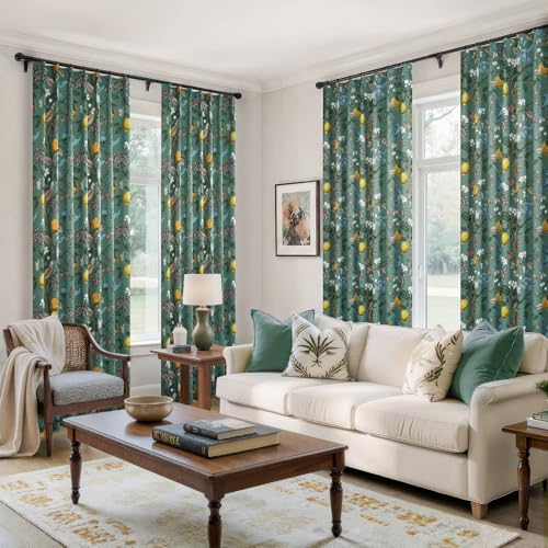 Image of 90 Inches Long Curtains 2 Panels for Living Room Botanical Hummingbird Luxury Whimsical Floral Printed Pinch Pleated Drapes for Bedroom Thermal Insulated Window Curtains Sage Green