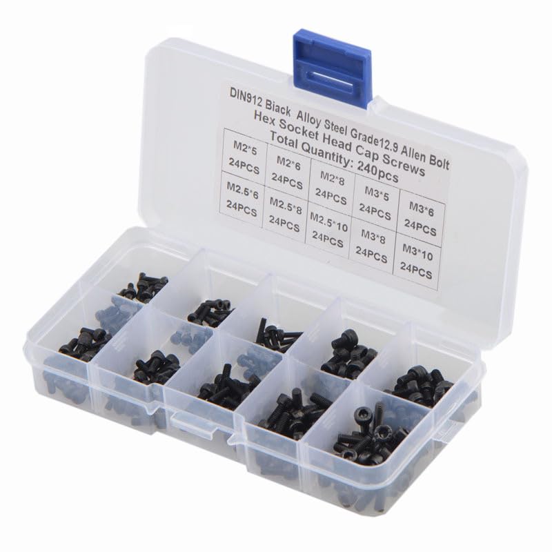 240pcs Hex Hexagon Socket Head Cap Screw 12.9 Grade Back Carbon Steel M2 M2.5 M3 Screw Set Bolt Assortment Kit DIN912 - (Color: 240PCS)